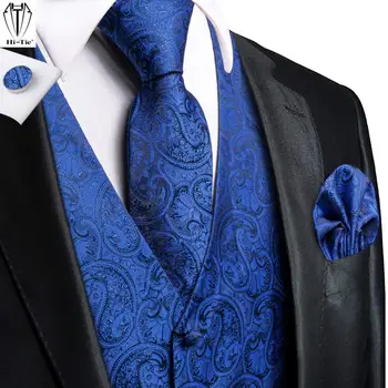 היי-עניבה בצבע כחול רויאל פרחוני משי Mens אפוד, עניבה להגדיר אקארד הז 'קט ללא שרוולים ז' קט עניבה הנקי חפתים החתונה עסקים