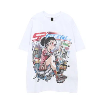 היפ הופ אופנת רחוב Harajuku ילדה קריקטורה הדפסה גברים חולצה מזדמנים Mens חולצה שרוול קצר או הצוואר 100% כותנה חולצת טי ענק.