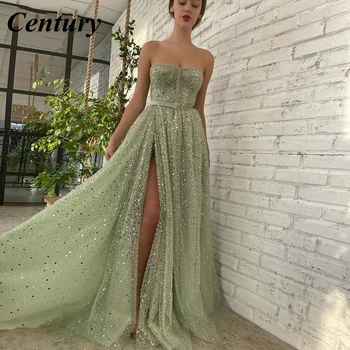 המאה מרווה ירוק נצנצים פייטים תחרה מקסי שמלת נשף סטרפלס חרוזים פנינים גבוהה, חותך את קו שמלות ערב רשמי שמלה למסיבת