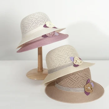 הקיץ של נשים שמש כובע דלי כובע תחרה בצבע בז ' Bowknot פרחים סרט שטוח העליון כובע קש חוף, כובעי קש גדול כובע פנמה חיצוני