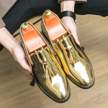 זהב ציצית נעליים לגברים PU שחבור שחור עסקי מזדמן אירועים נעליים להחליק על שטחי סטיילינג אופנה נעלי גודל גדול 38-47