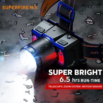 חדש SUPERFIRE HL25-LED חיישן פנס נטענת סוללה מובנית דיג Zoomable עמיד למים סופר מבריק אור קמפינג