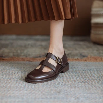חדש האביב 2023 עור אמיתי נעלי נשים גלדיאטור עגול הבוהן נעליים מזדמנים אבזם רצועה פלטפורמת עקבים רדוד נעלי נשים