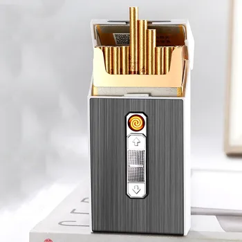 חדש חם מכירת נטענת USB מתכת Windproof תיל טונגסטן בהיר, ודק במיוחד סיגריה תיבה משולבת במצית גברים מתנה