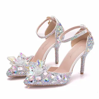 חדש נעלי חתונה פרח נעלי חתונה נקבה עקבים גבוהים רצועת קרסול משאבות נשים נעלי ריינסטון תחרה עקבים גבוהים מסיבה נעליים