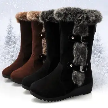 חורף חדש נשים מגפיים מזדמנים חם פרווה אמצע שוק מגפיים נעלי נשים Slip-On עגולה בוהן טריז מגפי שלג נעלי Muje בתוספת גודל 42