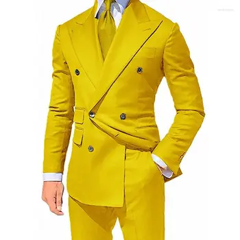 חליפות גברים צהוב כפול עם חזה Slim Fit עבור לשיא דש מותאם אישית 2 יח 'החתונה החתן טוקסידו גברי אופנה ז' קט עם מכנסיים