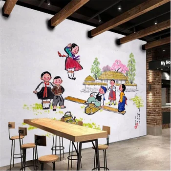 יד אישית-קוריאנית קריקטורה נושא מסעדת נוף נייר קיר בסגנון קוריאני ברביקיו רקע תעשייתי עיצוב ציור קיר טפט 3D