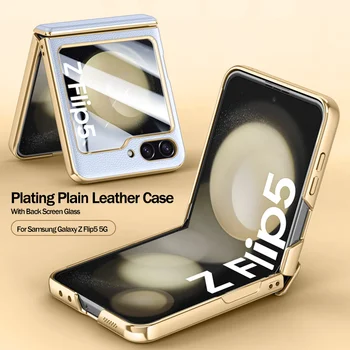יוקרה ציפוי זהב מסגרת עור רגיל כיסוי עבור Samsung Galaxy Z Flip5 5G מקרה חסין זעזועים ציר Coque עם מסך זכוכית