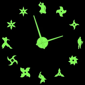 יפן הנינג ' ה זוהר שעון קיר שינובי קרב יפני לוחם עם לזרוק כוכב Frameless DIY מדבקות השעון הגדול על מערת אדם