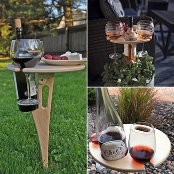 יצירתי מתקפל יין שולחן עם שולחן עגול מעץ יין גביע זכוכית מחזיק חיצוני פיקניק קמפינג נייד היינות