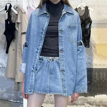 לנשים ג 'ינס ג' קט 2023 סתיו חדש קוריאני אופנה חגורת קישוט נשים מעיל וינטג שטף טהור כותנה ארוך שרוולים y2k