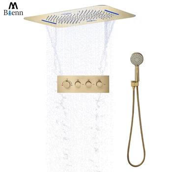 מ ' Boenn Thermostatic מערכת מקלחת שירותים מוטבעים תקרה גדולה קצב זרימת מקלחת ברז סט פליז מוברש, זהב ראשי מקלחת LED