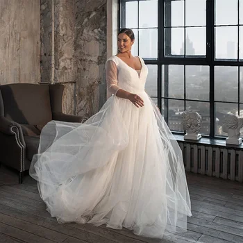 מודרני פשוט על מכירת 2021 כלה שמלות חתונה עם 3/4 שרוולים לצלול V מחשוף שמלות חתונה עבור הכלה חזרה חרוזים