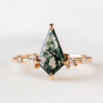 מוס אגת 925 כסף טבעות נישואין עפיפון בצורת טבעי ירוק ברקת זירקון טבעת אלגנטית גברת תכשיטים