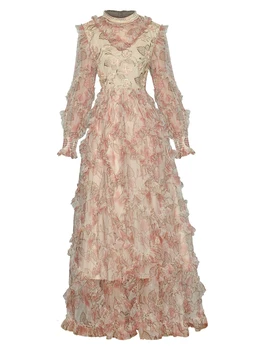 מעצב אופנה סתיו רשת השמלה נשים שרוול ארוך קפלים פרח רקמה הדפסה זמן מסיבת החג Vestidos