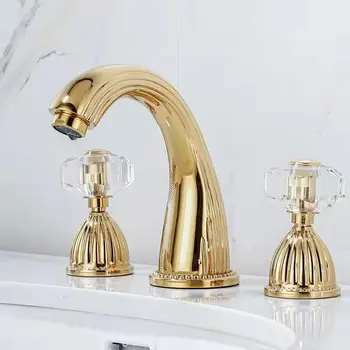 מערבל חדר אמבטיה ברז כיור זהב/כרום פליז ידית כפולה שלוש-חור ברזים לאמבטיה קריסטל לטפל בברז הכיור בחדר האמבטיה.