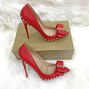 משרד הקריירה קיץ נשים משאבות PU 12CM דק עקבים גבוהים הצביעו הבוהן מסמר Slip-On פרפר-קשר נעלי אישה אדום