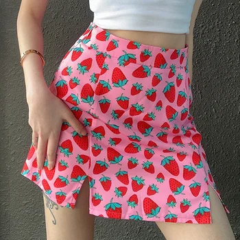 מתוק תותים חצאית סקסית צד פיצול גבוהה המותניים Faldas קיץ נשים אופנה רזה רזה ורוד נשי חצאיות מיני אופנת רחוב