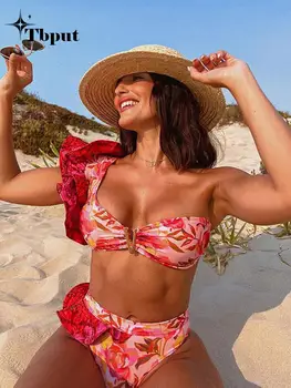 נשים סקסי כתף אחת ביקיני 2 Peice להגדיר 2023 אופנה חדשה נופש חוף ים נקבה V-צוואר לדחוף את חליפות בגדי ים