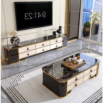 סופר יוקרה רהיטים שולחן קפה מוצק Sintered אבן העליון משי זהב הובנה ארון פורניר טלוויזיה שולחן