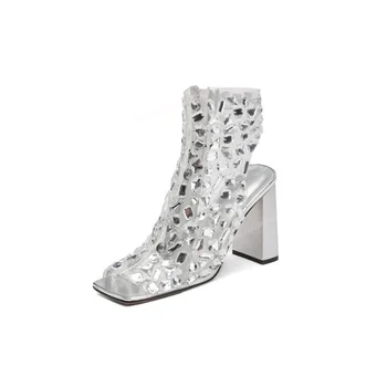 סילבר קריסטל עיצוב פיפ הבוהן סנדלי בוהן מרובע נעלי נשים העקב עבה עקבים גבוהים נעלי האופנה 2023 פאטוס פארא Mujere