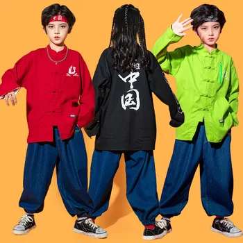 סינית מסורתית Kpop היפ הופ בגדים צפרדע כפתור החולצה העליון אופנת רחוב ג 'ינס מכנסיים בשביל ילדה ילד ג' אז ריקוד תלבושת בגדים