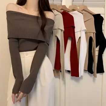 סתיו הסוודר של נשים חדש חוש עיצוב נישה off-הכתף קרקעיות 2023 חולצת שרוול ארוך העליון אופנה הסיטוניים