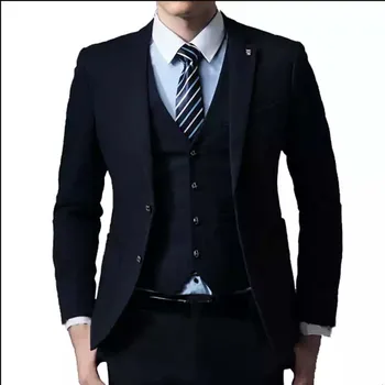 עיצוב מותאם אישית של גברים חליפה בצבע כחול כהה 3 חתיכות Slim Fit זכר בלייזר החליפה להגדיר עסקי מזדמן חליפה 3 חלקים