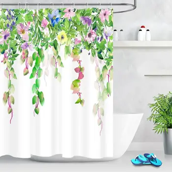 צמח פרחוני וילון מקלחת עלים של פרח הגפן מודפס בד פוליאסטר אמבטיה עיצוב אביזרי אמבטיה סט רחיץ וילונות