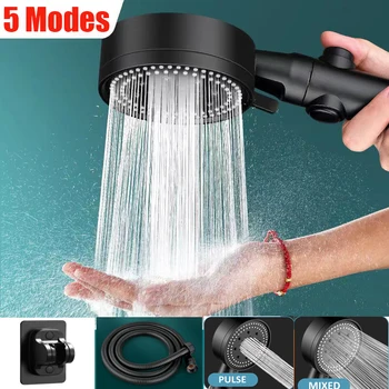 ראש מקלחת נייד 5 מצבי הטוש פלסטיק ABS Chrome בלחץ גבוה השחור דוש מסודר עם כפתור הצינור אביזרי אמבטיה