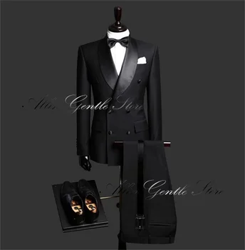 שחור High-end מדים בסגנון זכר עסק רשמי שמלת מסיבת 2 חתיכות חליפות גברים כפול עם חזה תפורים