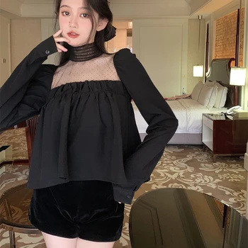 שחור רשת תחרה, חולצות נשים צרפתי אלגנטי חדש מזויף שני חלקים קייפ סוג חולצות שרוול ארוכות וחולצות Mujer