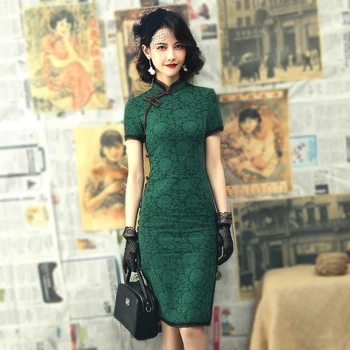 שנג קוקו תחרה Cheongsam שמלות 2022 תחרה וינטג שמלה סלים אדמונית צ ' יפאו נשים שרוול ארוך ירוק סינית בגדים