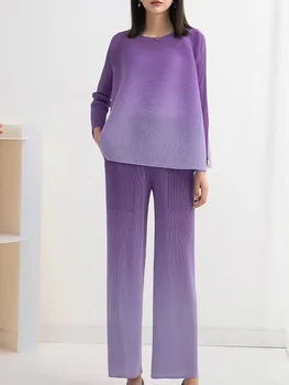 שני TVVOVVIN חתיכה אופנה קפלים להגדיר נשים 2023 סתיו חדש צבע צוואר עגול למעלה גבוהה מותן ישר מכנסיים נקבה BR0M